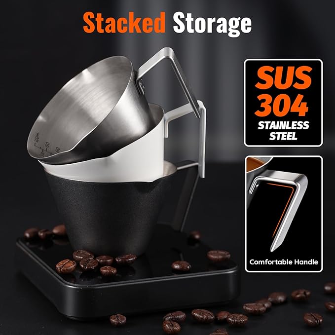 YARRAMATE 10 Pcs Stainless Steel Espresso Cups with Handle, Double Spout Metal Measuring Cup with Dual Scale, Espresso Shot cup with V-Shaped Mouth, 3.4OZ/100ML(Silver)