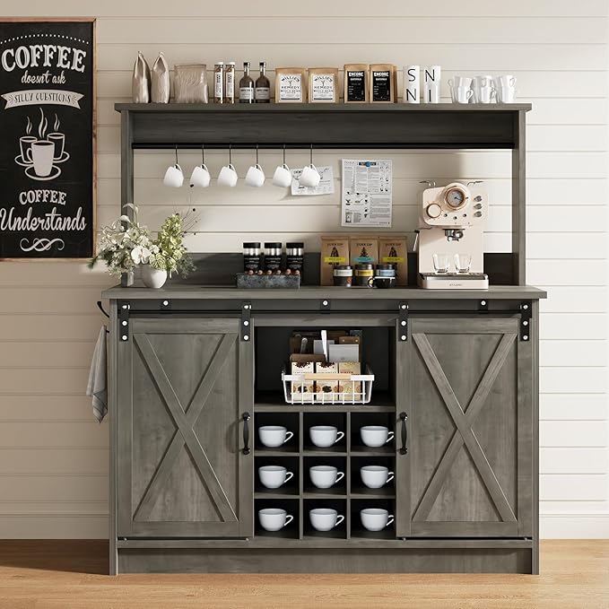 4ever2buy Farmhouse Coffee Bar Cabinet with Hutch, 47 Inch Wine Bar with Storage, Buffet Cabinet with Adjustable Shelves & 9 Wine Racks, Kitchen Buffet Cabinet for Dining Living Room, Grey