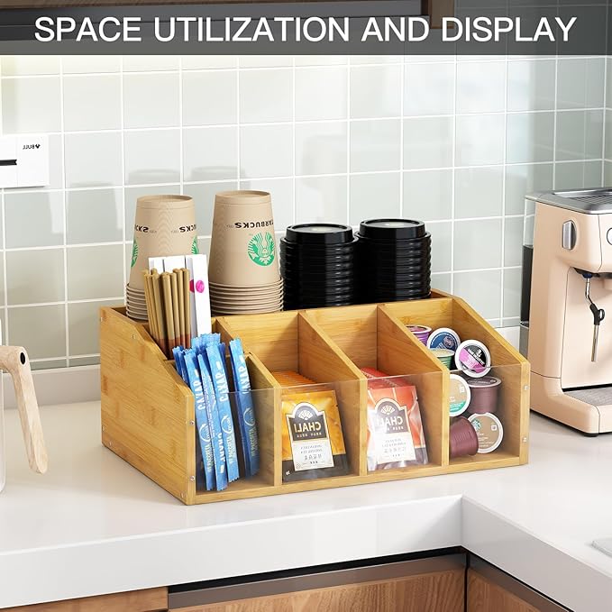 AEEHFENG Coffee Station Organizer Condiment Organizer for Countertop Farmhouse Coffee Caddy with Removable Dividers Small Cute Office Bar Accessories for Tea Bags, Pods, Syrup, Cups, and Stirrer