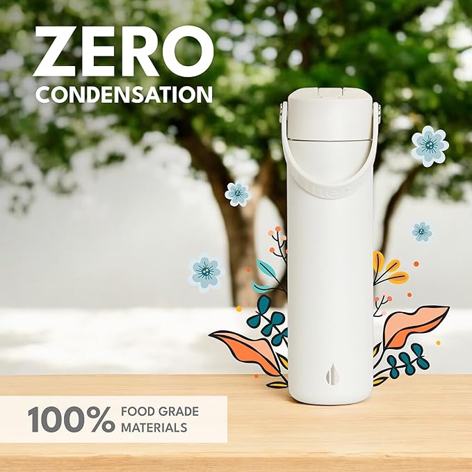 Elemental 24oz Insulated Water Bottle with Straw - 100% Leak-Proof Stainless Steel Core Water Bottles for Travel, Sports and Gym - Double Wall Insulation & BPA Free - White