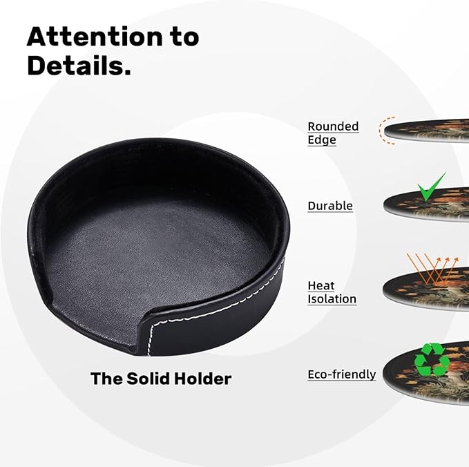 Mushroom Coasters for Drinks with Holder Round Leather Coasters Set of 6 Cups Mugs Mat Pad for Home Kitchen Bar