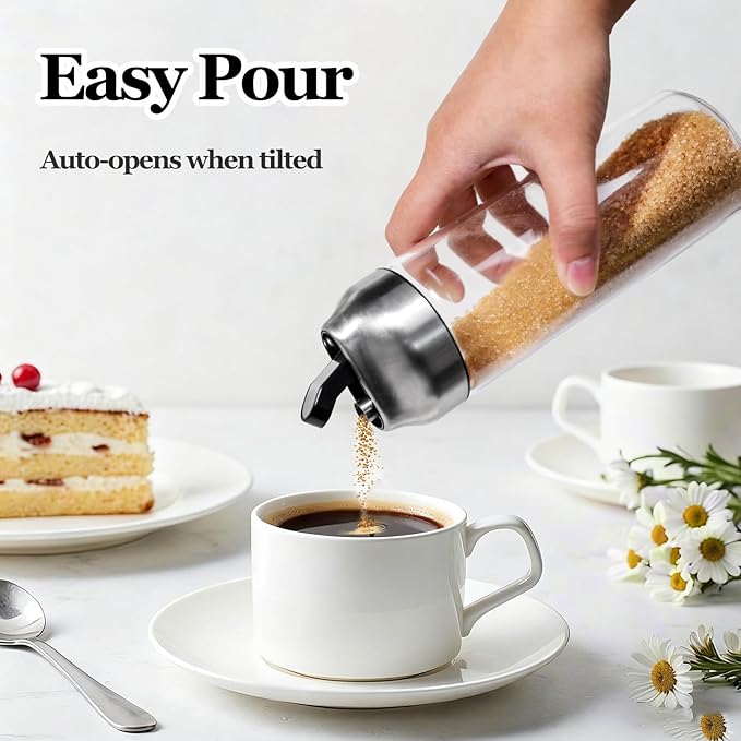 Large Sugar Dispenser Shaker Sets, 14 OZ Glass Sugar Container with Pour Spout for Coffee, Tea, Milk, 2 Pack