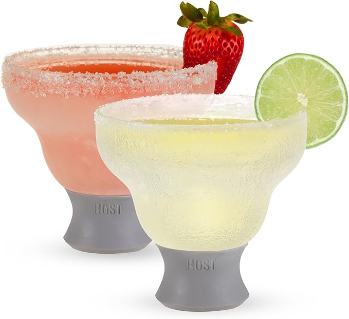 Host Glass Freeze Stemless Margarita Glasses Drinking Set, Insulated Cocktail Glass Set with Silicone Band, 12oz Margarita Glasses Set of 2 in Gray