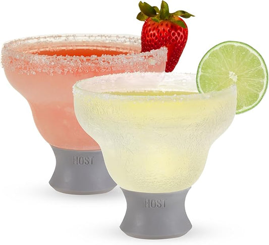 Host Glass Freeze Stemless Margarita Glasses Drinking Set, Insulated Cocktail Glass Set with Silicone Band, 12oz Margarita Glasses Set of 2 in Gray