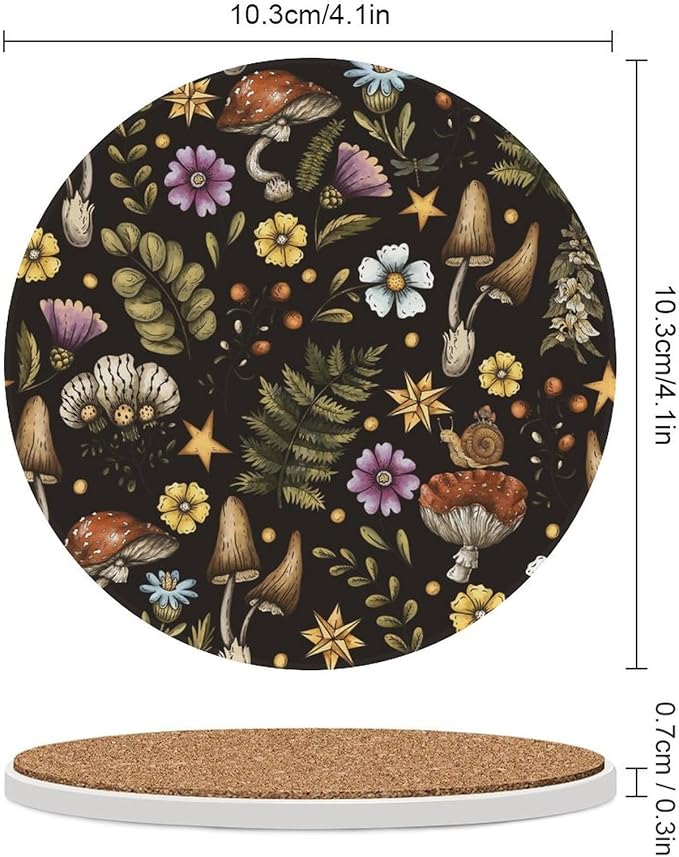 Round-4PCS Botanical Ceramic Coasters, Round Absorbent Drink Coasters, Cartoon Botanical Floral Rustic Plant Leaves Mushroom Ceramic Table Coasters for Coffee, Beverage, Wine, Beer Coasters