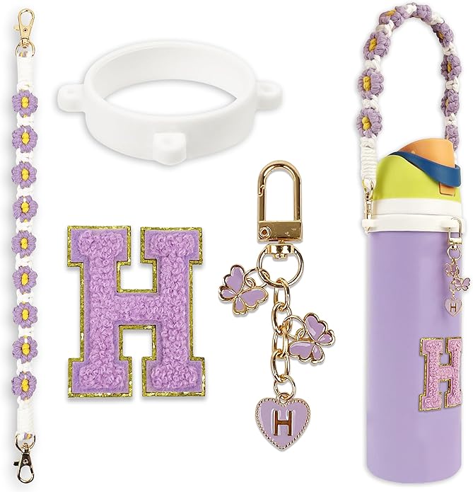Compatible with Owala Water Bottle Accessories, Cute Letter Charm Set with Boho Handle Strap, Monogram Sticker, Silicone Ring, Keychain Decoration, for FreeSip 24 32 40oz, Owala Kids, Tumbler Gift