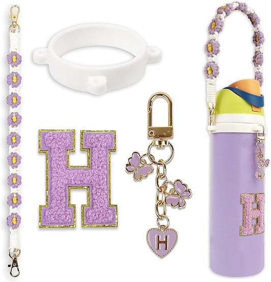 Compatible with Owala Water Bottle Accessories, Cute Letter Charm Set with Boho Handle Strap, Monogram Sticker, Silicone Ring, Keychain Decoration, for FreeSip 24 32 40oz, Owala Kids, Tumbler Gift