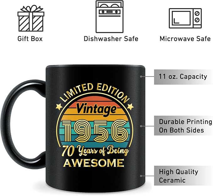 QUPT 70th Birthday Gifts for Women Men, 70th Birthday Gifts for Him, 1956 Birthday Gifts for Women Men, 70 Years Old Gifts, 1956 Birthday Gifts for Her Him, 70th Birthday Presents Coffee Mug