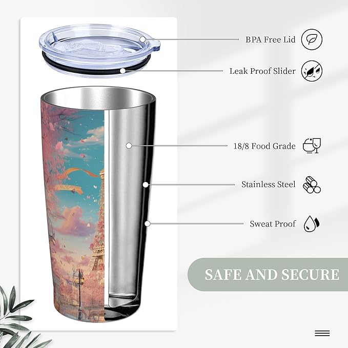 Paris Eiffel Tower Tumbler with Lid and Straw 20oz Coffee Tumblers Leakproof Stainless Steel Travel Mug Vacuum Insulated Cup for Iced and Hot