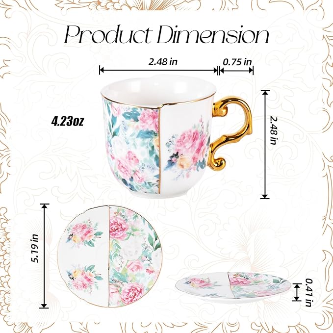 KAMMAK Tea Cups and Saucers Set of 2, Porcelain Coffee Cups, 4-Ounce Stackable Espresso Mugs, Ceramic Demitasse for Coffee, Latte, Americano, Tea, Western Peony