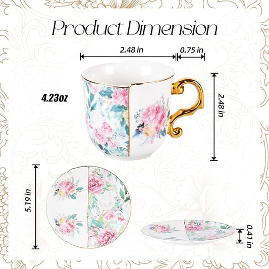KAMMAK Tea Cups and Saucers Set of 2, Porcelain Coffee Cups, 4-Ounce Stackable Espresso Mugs, Ceramic Demitasse for Coffee, Latte, Americano, Tea, Western Peony