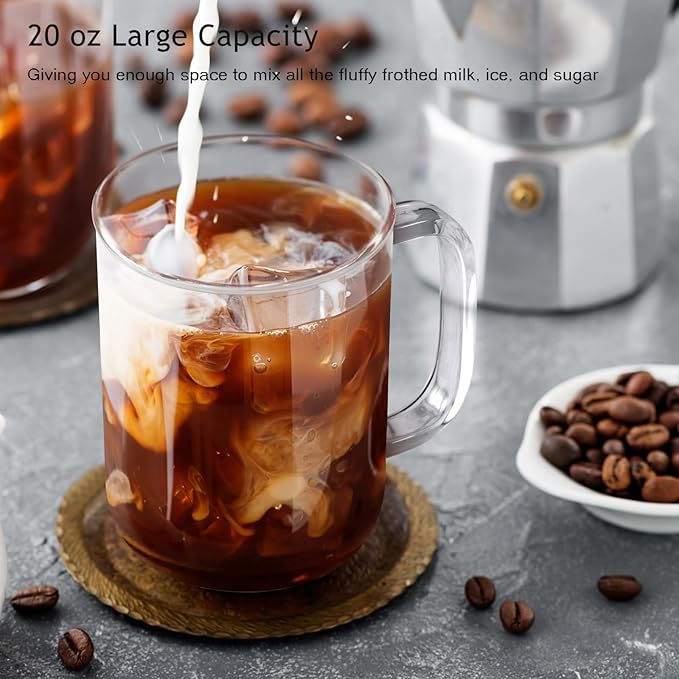 Glass Coffee Mugs, 20 oz Ice coffee cups, Large Clear Tea Cups Set of 2, Glass Mugs with Handles, Glass Cups for Latte, Cappuccino, and Tea