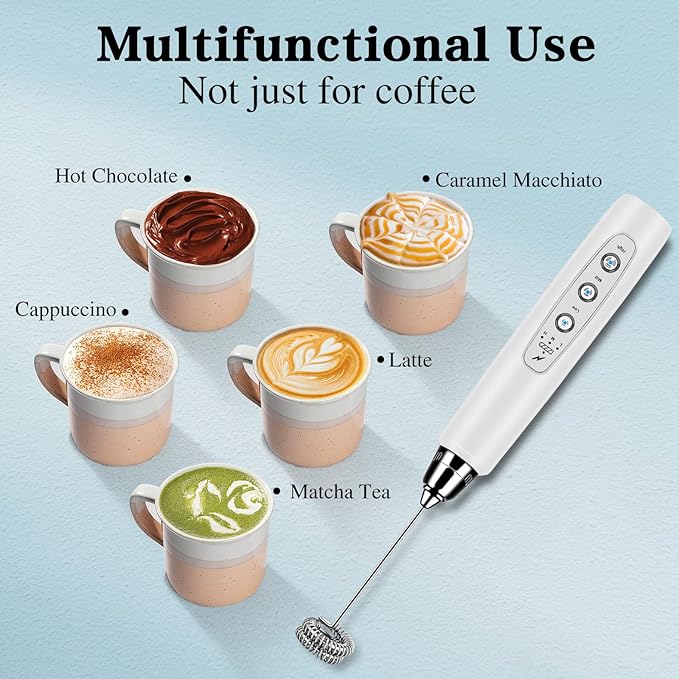 Milk Frother Handheld with Stand, Electric Whisk 3 Speed Adjustable, Drink Mixer with Stainless 3 Whisk, Rechargeable Hand Frother Wand, Foam Maker for Latte Cappuccino Hot Chocolate Egg White