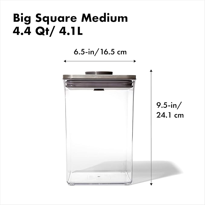 OXO Steel POP Container Big Medium Square - 4.4 Qt for Flour, Sugar and More,Grey