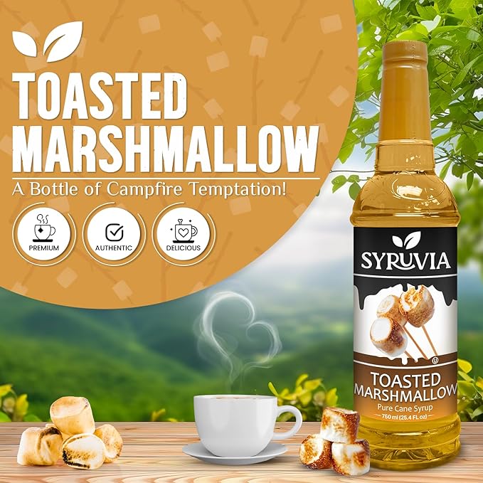 Syruvia Coffee Syrup, Toasted Marshmallow Flavored Syrup for Drinks, Lattes, and Desserts – 25.4 fl oz, With Pump