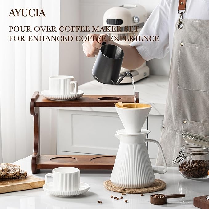 22OZ Pour Over Coffee Maker Set with Acacia Wood Stand and 5oz Cups&Saucers Set of 2, Ceramic White Cream V60 Pour Over Coffee Dripper Set for Home Café Restaurant Camping
