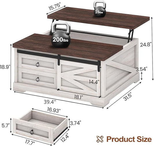 Itaar 39.4'' Lift Top Coffee Table with Storage, Farmhouse Coffee Tables for Living Room, Square Coffee Table with Large Hidden Compartment & 2 Drawers & Adjustable Shelves, White