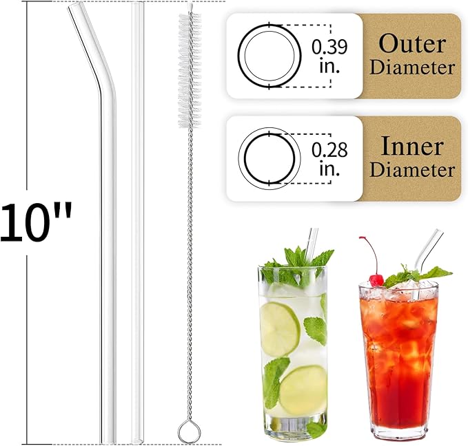 Piteno® 16-Pack Reusable Glass Straws, Clear Glass Drinking Straws, 10''x10MM, Set of 6 Straight and 6 Bent with 4 Cleaning Brushes, Perfect for Smoothies, Milkshakes, Juice, Tea