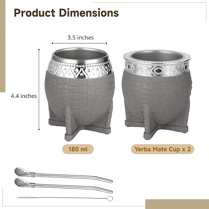 2PCS Yerba Mate Cup, 6 oz Stainless teel Mate Cup with Straw, Double Wall Vacuum Insulated Yerba Mate Gourd for Traditional Mate Tea Drinking (Gray)