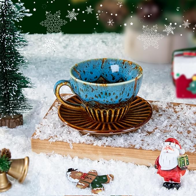 YINUOWEI 4 oz Espresso Cups Set of 6, Ceramic Cappuccino Cups with Saucers, Stackable Coffee Cup for Macchiato, Double shot, Tea, Coffee Lover Gifts, Glazed Blue