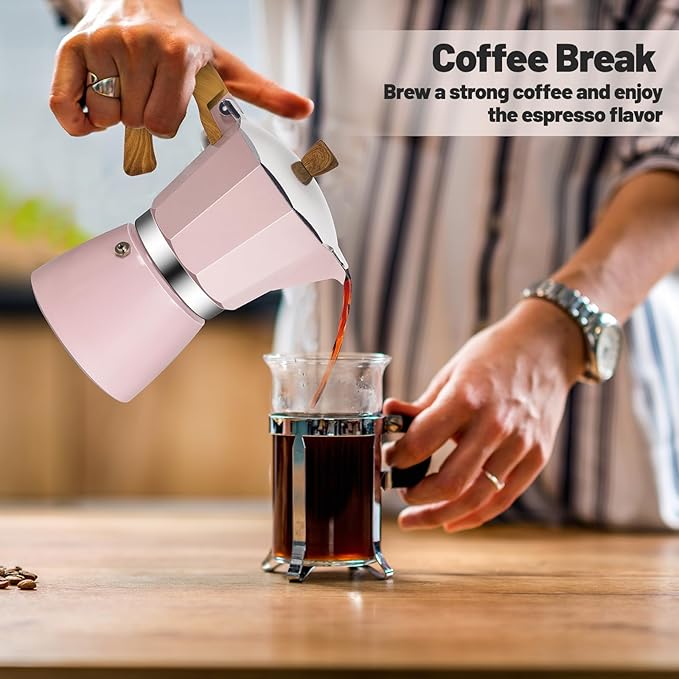 Vaolvpant 6 Cup Aluminum Moka Pot Classic Stovetop Espresso Coffee Maker 300ml 10oz Coffeemaker Percolator Mocha Pot Greca Coffee Maker Cafe Makers for Italian and Cuban Café Brewing Pink