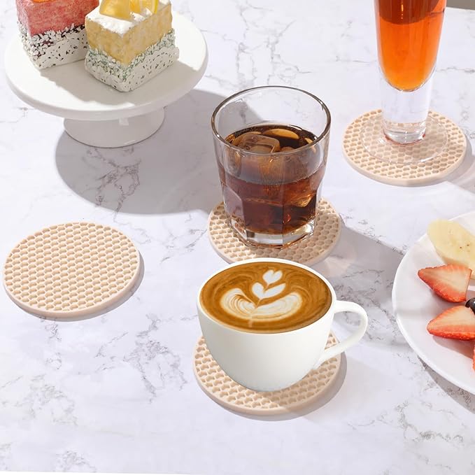 Coasters Set of 6 with Holder,Coasters for Drinks,Coffee Table Decor Coaster,Suitable for Kinds Cups,Anti-Slip,Non-Stick,Silicone Cup Coaster and Living Room Decor (6 Pcs, Tapioca)