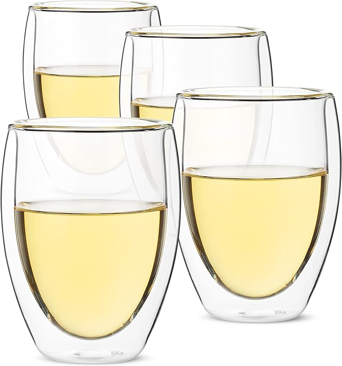 BTaT- Double Walled Stemless Wine Glasses, 12 oz, Set of 4, Smooth Rim Standard Wine Glass Tumbler for Hot & Cold Beverages, Gifts for Wedding, Christmas, Anniversary