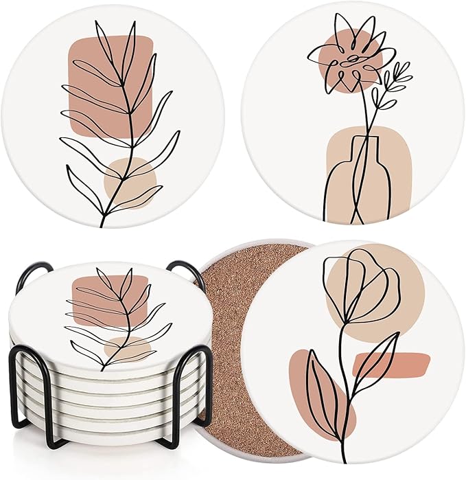 Britimes Table Coaster for Drinks Set of 6, Flowers Beauty Woman Boho One Coffee Absorbent Round Ceramic Stone Mat, with Cork Base and Metal Holder, Gift for Housewarming Room Bar Decor