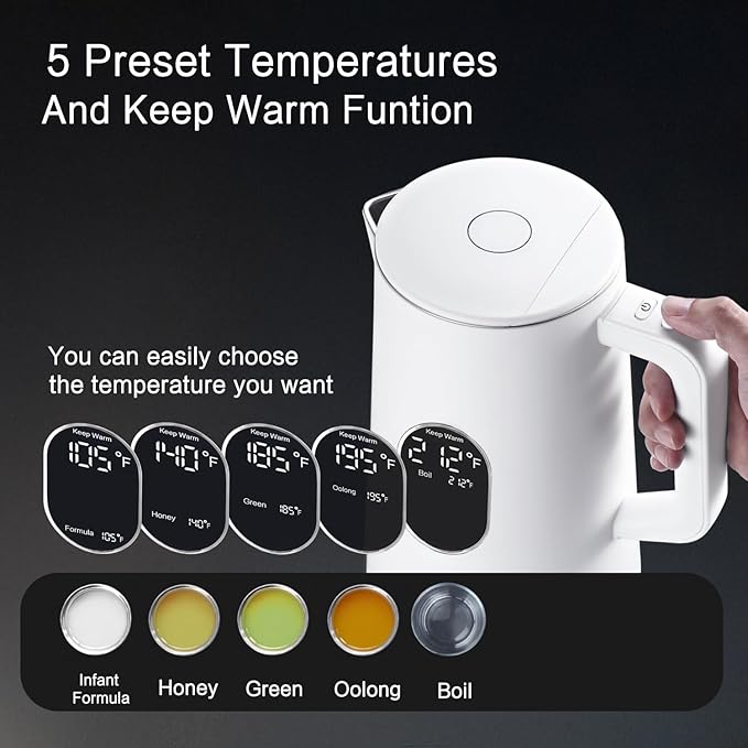 1.5L Electric Kettle Stainless Steel, Double Wall Cool Touch Teapot, Fast Boil,5 Temperature Control, LED Display, Auto Shut-Off,Keep Warm Function (Porcelain White)