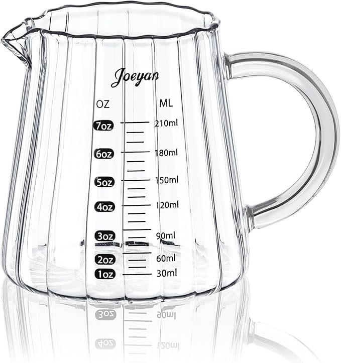 Joeyan 7 oz Glass Measuring Cups with Spout,Borosilicate Large Glass Triple Pitcher with Scale,Origami Style Espresso Shot Glasses with Wood Handle for Coffee Milk