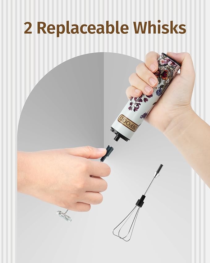 INFOOD Milk Frother Rechargeable with Cover - Coffee Frother Wand, Drink Mixer Handheld with 2 Detachable Stainless Whisks 2 Speed Adjustable for Latte, Cappuccino, Hot Chocolate, Egg, White Floral