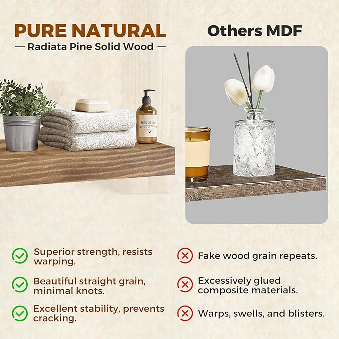 Floating Wall Shelves 24x6.8x1.7 Inch – Solid Wood Rustic Shelves in Dark Oak Finish – Wall Mounted Display Shelf for Bathroom, Kitchen, Bedroom – Set of 3