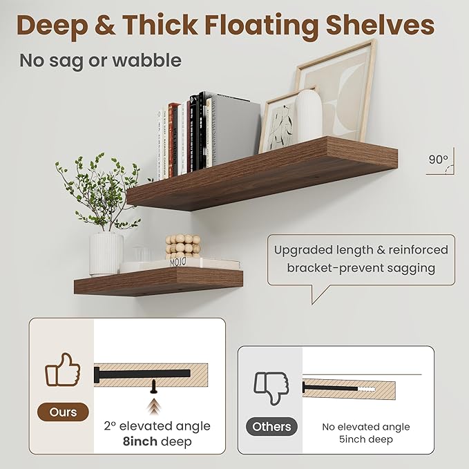 40 Inch Floating Shelves for Wall, 8 Inch Deep Floating Shelf for Storage & Display, Rustic Wall Mounted Shelf with Invisible Brackets for Living Room, Kitchen, Bathroom, Home Decor, Set of 2, Walnut
