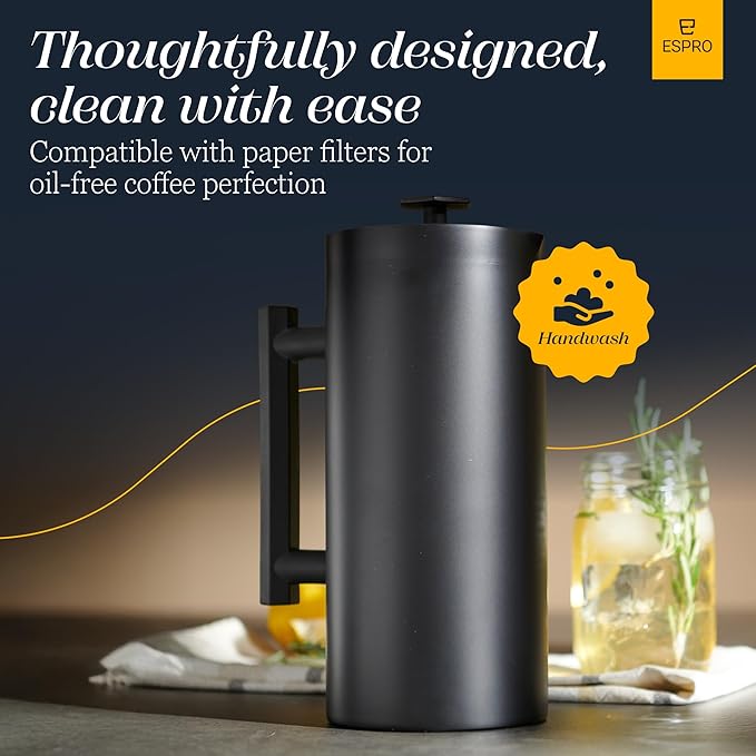 ESPRO P6 32 Ounces French Press Coffee Maker, Double Walled Stainless Steel Insulated, Matte Black