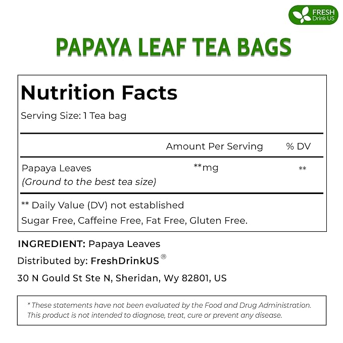 FreshDrinkUS, Premium 40 Papaya Leaf Tea Bags, 100% Natural & Pure. Loose Leaf Papaya Herbal Tea. Made with Natural Material Tea Bags. No Sugar, No Caffeine, No Gluten, Vegan.