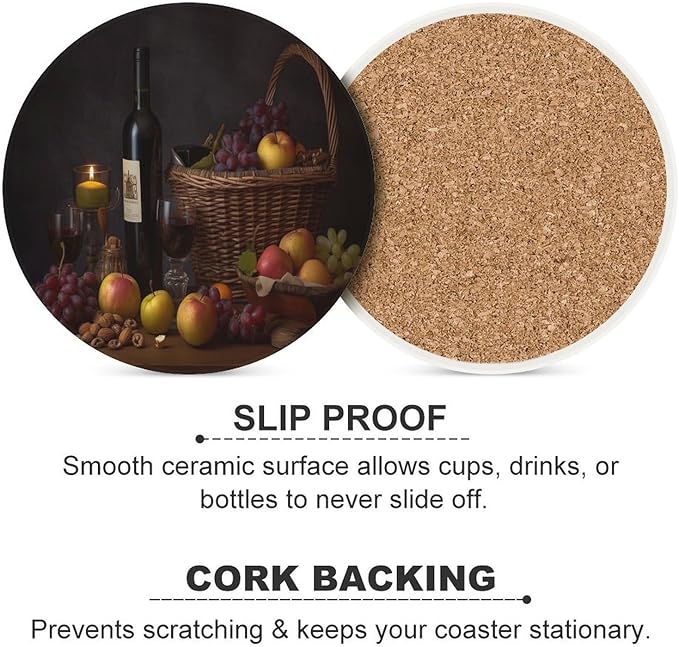 Red Wine Drink Coasters, Round Ceramic Drink Coaster Round-6PCS, Red Wine Bottle and Grapes on Wood Fruit Print Decor Absorbent Ceramic Coasters for Beverage Cup, Bar, Coffee Table
