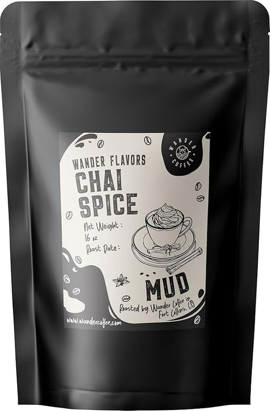 Chai Spice Mud Flavored Coffee by Wander Coffee – Medium Roast, Whole Bean, Ground, or Decaf | Warm, Aromatic Blend with Cinnamon, Cardamom & Clove | Small-Batch Roasted | 1lb Bag – Smooth, Earthy Finish