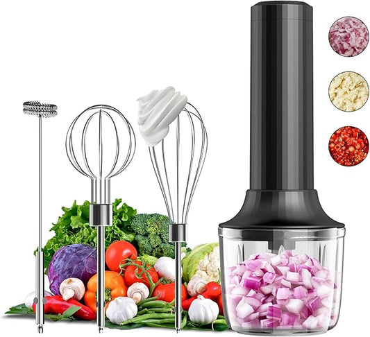 Electric Hand Mixer with MixgoII, Handheld Mixer Electric Whisk, Rechargeable Cordless Handheld Mixer & Milk Frother, Small Food Chopper for Dicing, Mincing, and Puree, 4-Speed, 10Oz