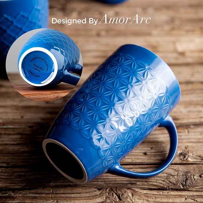 AmorArc Large Coffee Mugs Set of 6, 16oz Ceramic Tall Coffee Mugs Set with Textured Geometric Patterns for Latte/Tea/Beer/Hot Cocoa, Dishwasher & Microwave Safe, Black&Blue