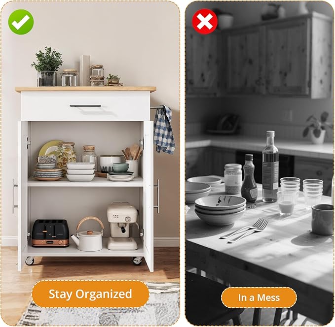 Kitchen Island Cart, Small Kitchen Island with Storage - Large Drawer, Adjustable Shelf & Towel Rack, Mobile Rolling Kitchen Island with Wheels, Space-Saving White Kitchen Organizer for Dining Room