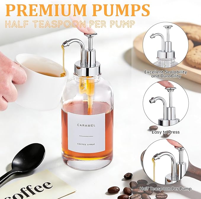 Coffee Syrup Dispenser Coffee Bar Accessories 16.9 oz Syrup Dispenser with Labels, Syrup Pump Dispenser for Coffee Bar(Silver Pump)