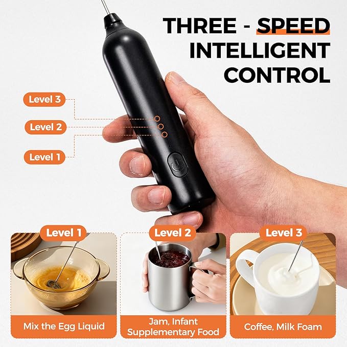 Milk Frother Rechargeable Handheld Electric Whisk Coffee Frother 3 Speed Adjustable Foam Maker Blender for Coffee Matcha Latte Cappuccino Hot Chocolate Kitchen Gifts (Black)