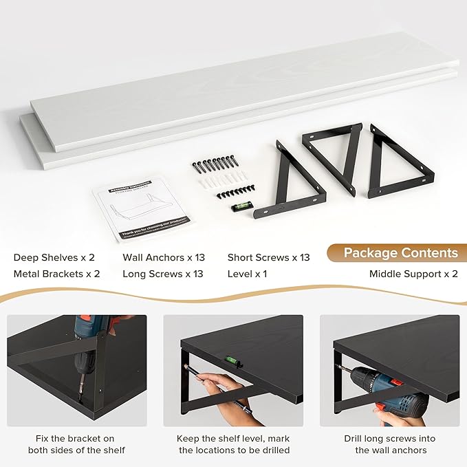 Deep Floating Shelves Wall Mounted, 55"x12" White Wall Shelves with Brackets Set of 2 for Bedroom, Living Room, Bathroom, Kitchen, Office - Storage & Display Shelf for Decor, Books, Plants
