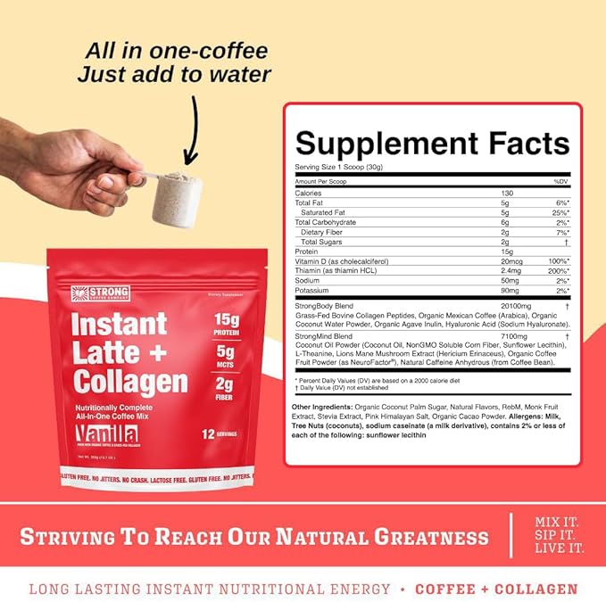 Strong Coffee Co. Vanilla Instant Latte | Organic Coffee with 15g Collagen Protein | Lion’s Mane & L-Theanine | Nootropic Instant Coffee | 12 Serving