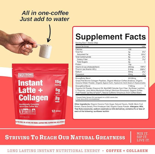 Strong Coffee Co. Vanilla Instant Latte | Organic Coffee with 15g Collagen Protein | Lion’s Mane & L-Theanine | Nootropic Instant Coffee | 12 Serving