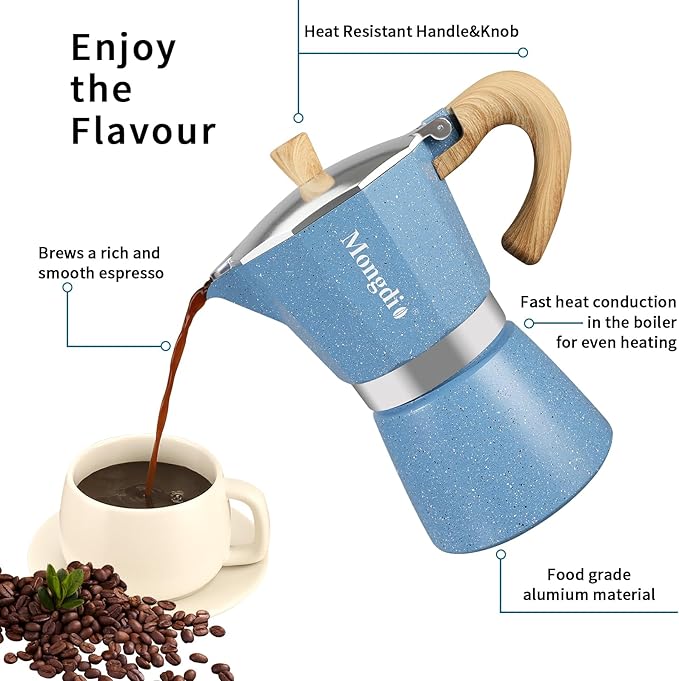 Mongdio Stovetop Espresso Maker Moka Pot, Cuban Coffee Maker Stove top coffee maker Moka Italian Espresso Greca Coffee Maker Brewer Percolator, 6 Espresso Cups, 10 oz - Blue