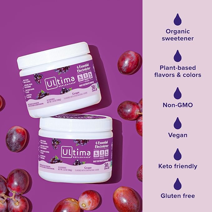 Ultima Replenisher Daily Electrolyte Powder Drink Mix – Sugar Free – Grape, 30 Servings – Hydration Powder with 6 Key Electrolytes and Trace Minerals – Keto Friendly, Vegan, Non-GMO