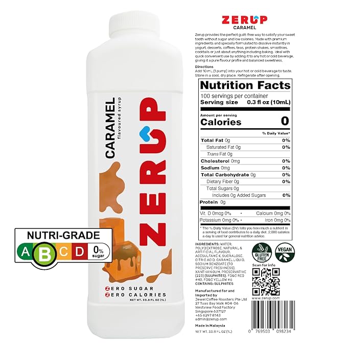 Zerup Zero Sugar Coffeehouse Pack of 4 (Cane Sugar, Cararmel, Hazelnut, Vanilla), Sugar-Free Coffee Barista Syrup, Zero Calories and Sugar, Keto Friendly, Ideal for Lattes, Cappuccinos, Espresso, Americano, Indulgent Taste 33.8 Oz (1L)