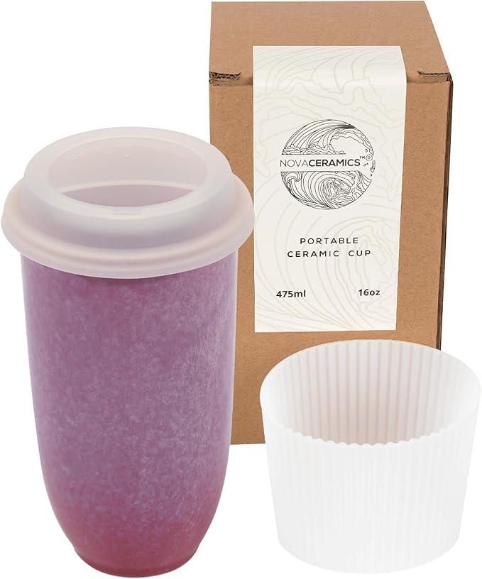 NOVA CERAMICS Coffee Travel Mug – Cup Holder Friendly Travel Mug– Microwave & Dishwasher Safe White & Purple Tumbler - Coffee Mug Fits In Cup Holder – 16oz – Astral Bloom