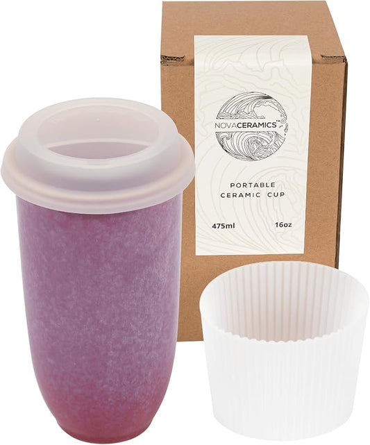 NOVA CERAMICS Coffee Travel Mug – Cup Holder Friendly Travel Mug– Microwave & Dishwasher Safe White & Purple Tumbler - Coffee Mug Fits In Cup Holder – 16oz – Astral Bloom
